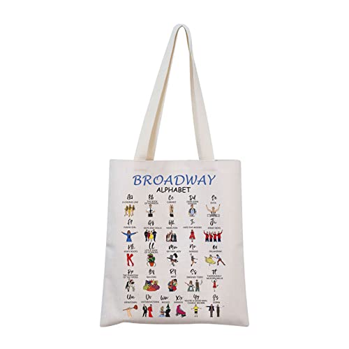 A tote bage with images of Broadway musicals