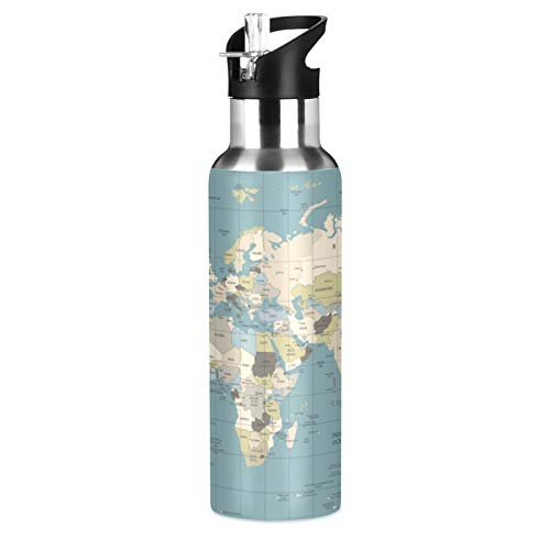 Water bottle with a world map print