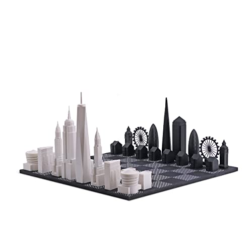Chess set with pieces that represent the London and New York CIty skyline