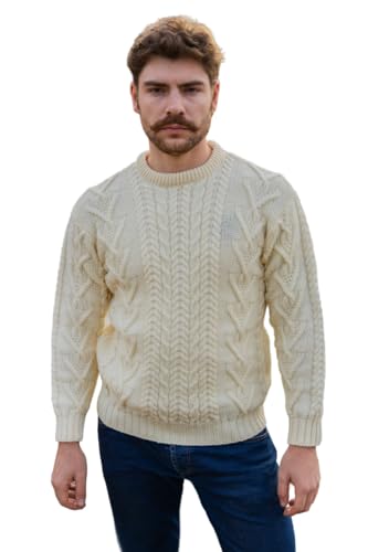 A man wearing a white Aran sweater from Ireland