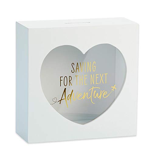 White piggy bank with "saving for the enxt adventure"
