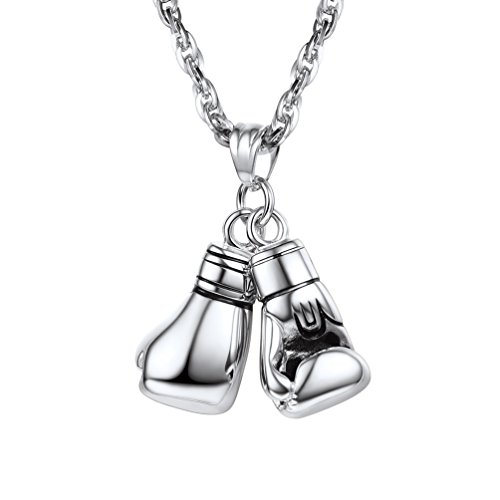 A silver necklace with a pendant of boxing gloves