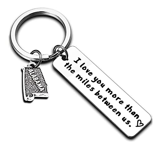 Keychain with map of Alabama and text "i love you more than the miles between us"