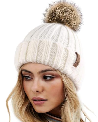 Woman wearing a white beanie hat