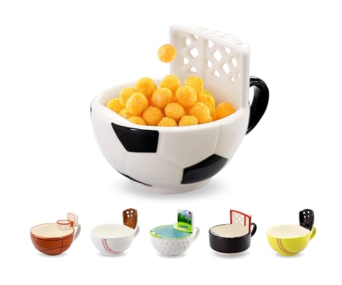 Mug shaped like a soccer ball and with a goal