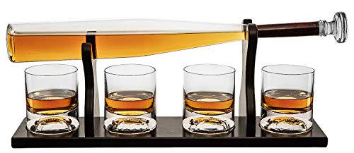 A whsikey decanter in the shape of a baseball bat with four whiskey glasses