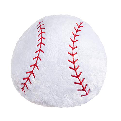 A plush toy in the shape of a basebal;