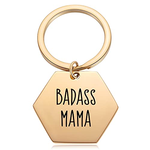 keychain with the text "badass moma"