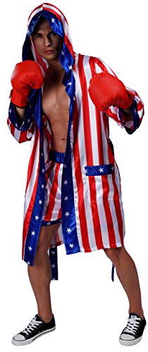 A man wearing boxing gloves and a robe in the colors of the US flag