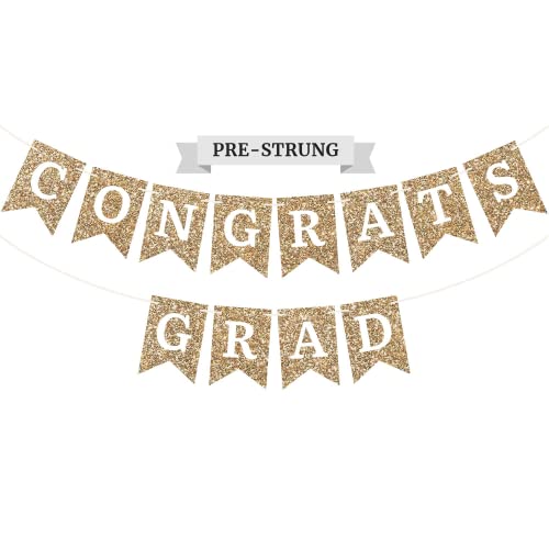 Gold glitter graduation party banner with Congrats Grad.