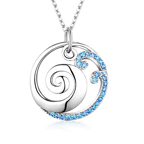 A silver necklace with a pendant in the shape of a wave