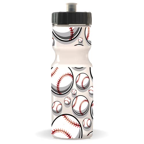 A water bottle with a print of baseballs