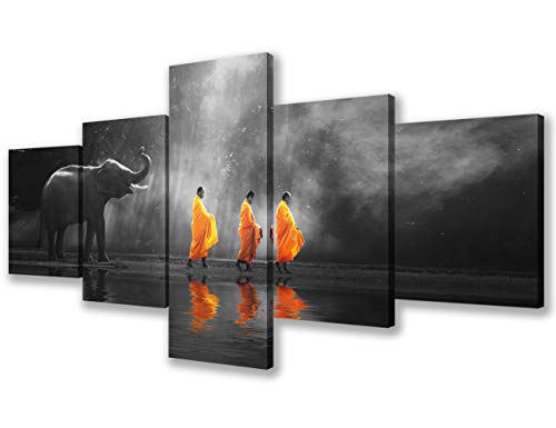 Set of five canvas panels with an elephant and three Thai monks