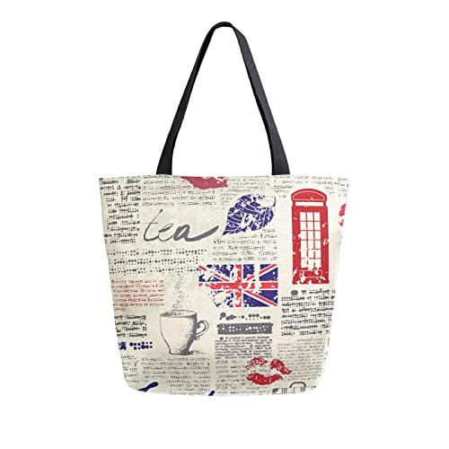 A tote bag with typical British things