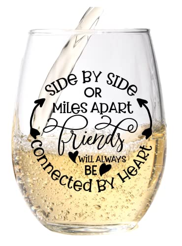 Wine glass with text about friendship