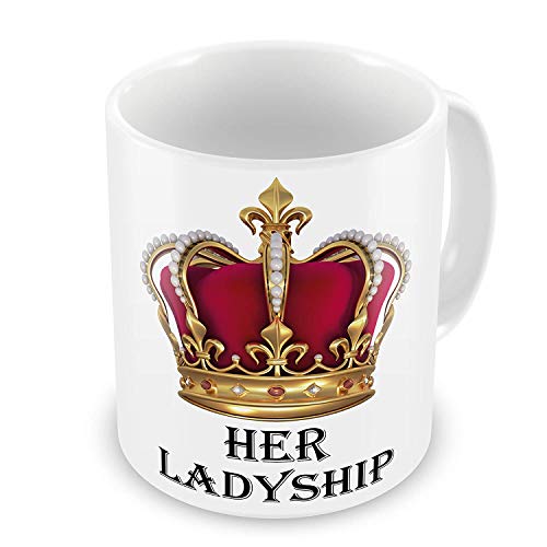 A white mug with an image of a crown and "her ladyship"