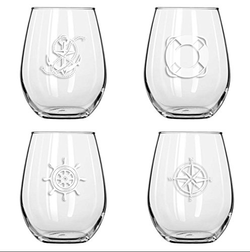 Set of four drinking glasses with a nautical theme