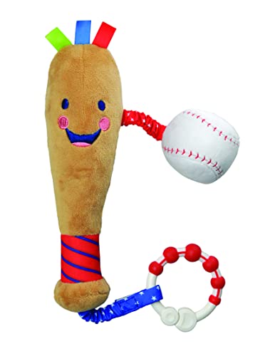 A plush toy in the shape of a baseball bat