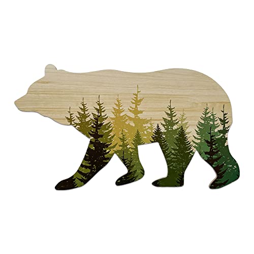 Wooden bear with pine trees