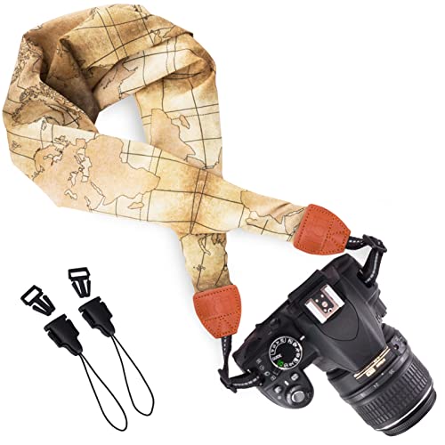 Camera strap with a print of the world map