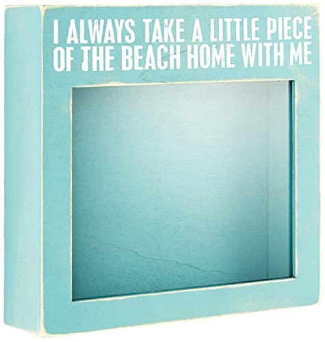 A wooden box for keepsakes with the text "I take little pieces of the beach home with me"