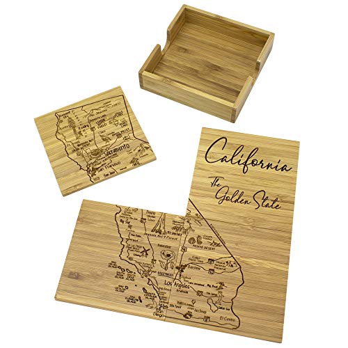 A set of four bamboo coasters that form the map of California when put together