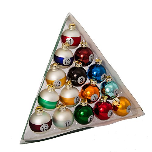 A triangle filled with Christmas ornament shapes like pool balls