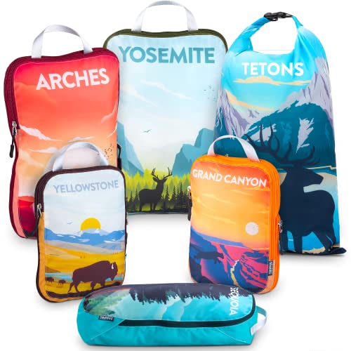 Packing cubes with prints from different US national parks