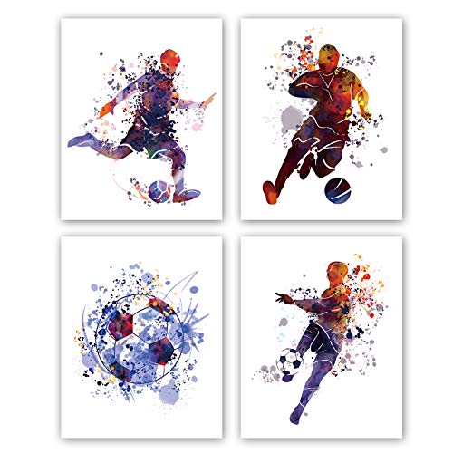 Set of four posters of soccer players made with watercolor