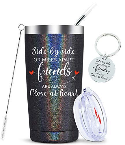 Tumbler with friendship quote "side by side or miles apart, friends are always close at heart"