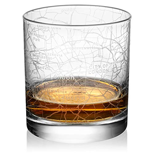 A whiskey glass with the map of London Etched