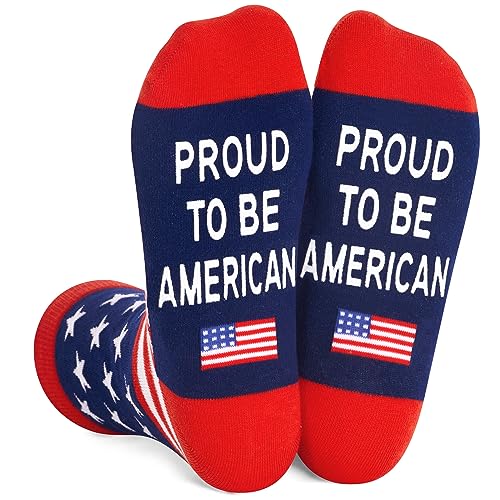 Socks with the American flag and the text 'proud to be American'