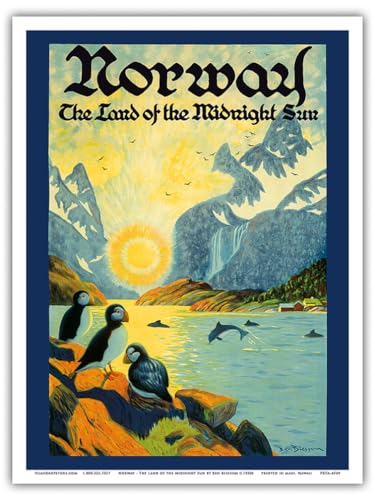 Vintage poster of Norway with text "Norway - The Land of the Midnight Sun'