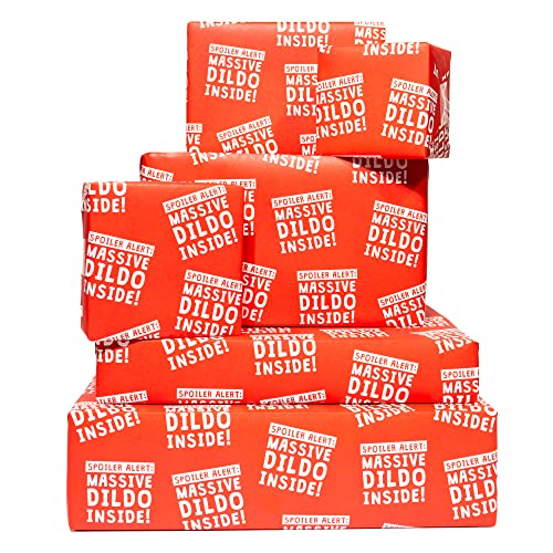 Stack of gifts wrapped in funny wrapping paper that says "dildo inside"