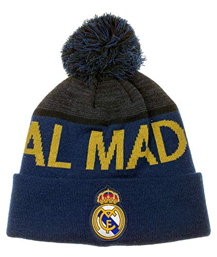Beanie hat with white and blue stripes and the logo of Real Madrid Football club