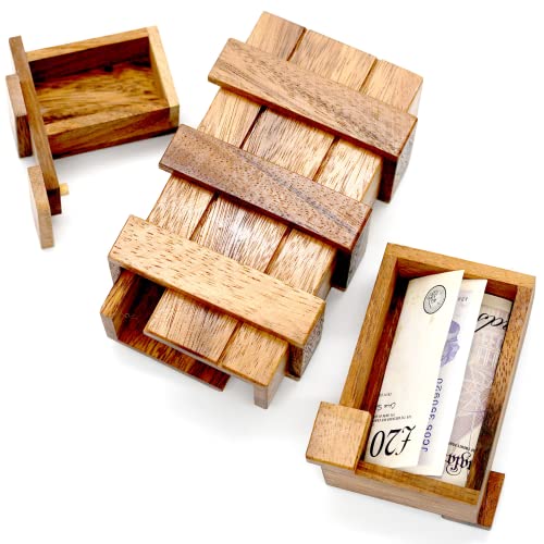 Wooden brainteaser box in which you can put money or a gift