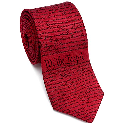 A red neck tie with the constitution of the United States writting on it