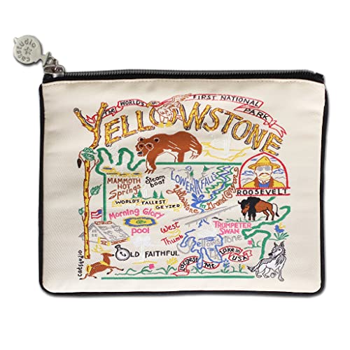 A woven pouch with a animated design of Yellowstone Park