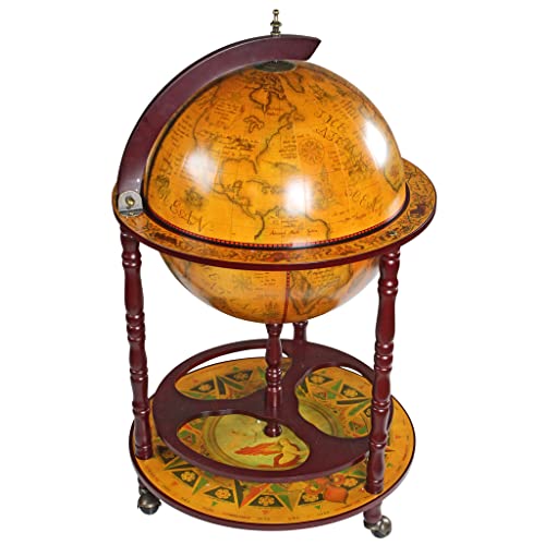 A bar cabinet on wheels with a print of a vintage globe