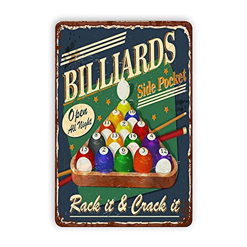 A metal sign of "Billards"