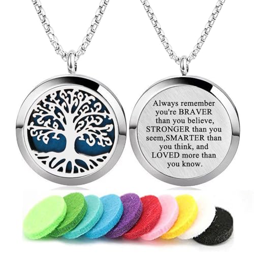 A silver necklace with a oil diffuser pendant in the shape of the tree of life
