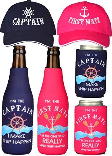 A set of coozies, and hats for a boating couple