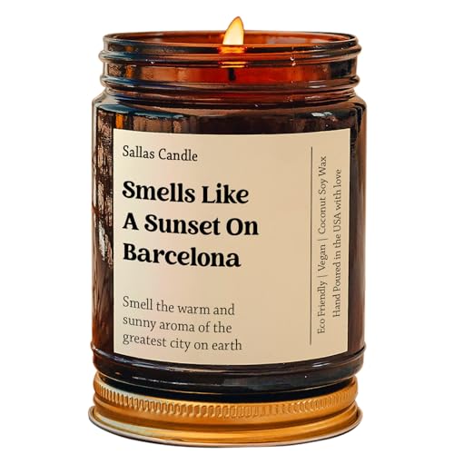 Soy wax candle with a label that says "Smells Like A Sunset in Barcelona Spain"