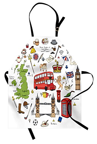 A white apron with different iconic British items printed