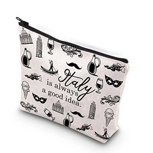 A white make-up bag with black icons of typical Italian things