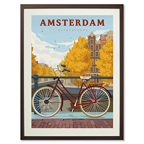 Amsterdam travel poster with a bike at a canal in Amsterdam