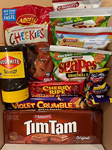 A box filled with Australian snacks