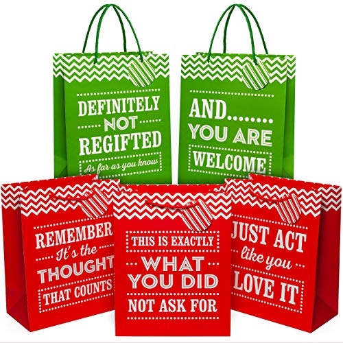 Five gift bags with funny texts such as 'definitely not regifts' and 'this is exactly what you did not ask for'