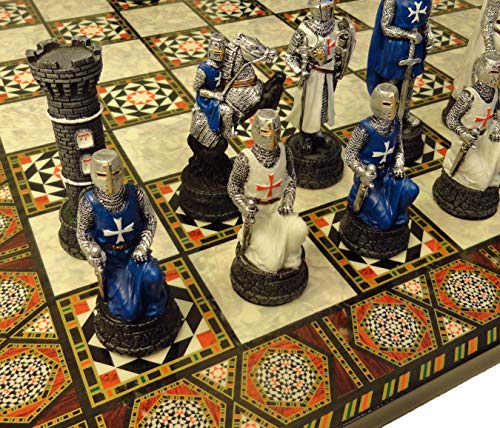 A chess board with pieces that look like medieval soldiers