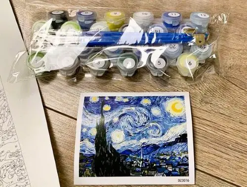 A paint by numbers kit for starry night painting by Van Gogh